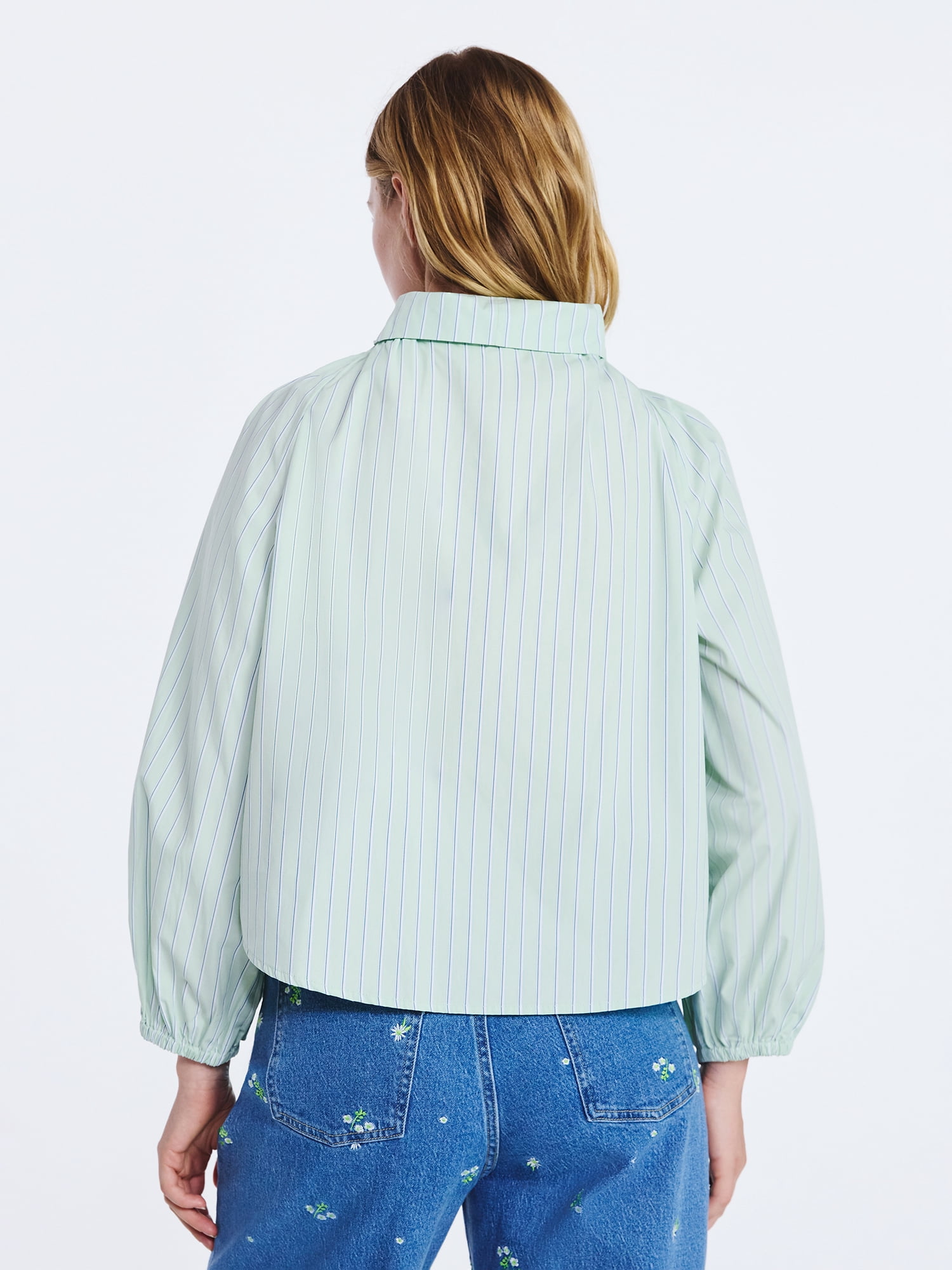 Free Assembly Women's Ruffle Tie Neck Cotton Top with Long Puff Sleeves, Sizes XS-XXL