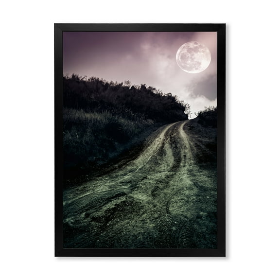Designart 'Countryside Muddy Road Under Full Moon' Modern Framed Art Print
