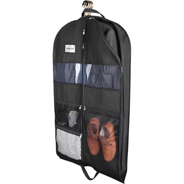 Bolsas de ropa para viajes, resistente bolsa de traje colgante de 43 pulgadas para hombres, cierre de doble cara y 3 bolsillos de malla grandes, funda de traje para viajes, guardarropa con monograma