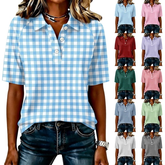 Garbnen Plaid Women's Polo Shirts Raglan Collared Henley Short Sleeve T Shirts for Women Color Block Casual Fashion Work Golf Shirts for Women Purple XL