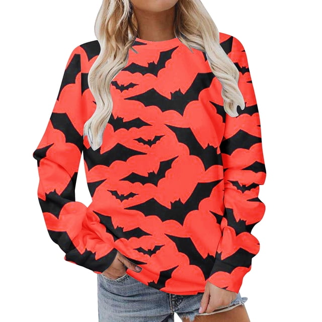 Chandails à Capuchon Mode pour Femmes 2023 Classique Imprimé d'Halloween Col Rond Manches Longues Chandail Ample Hauts Rabais de 50 % Liquidation Costumes d'Halloween/Noël