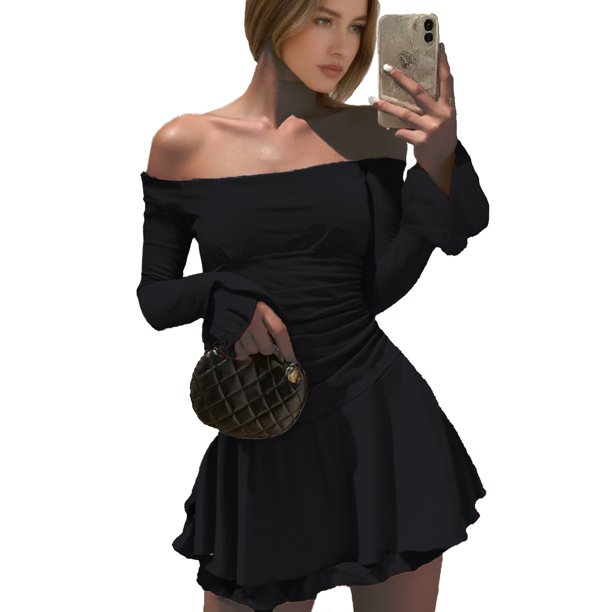 WILLBEST Vestidos Cortos Para Mujer Vestido Mini Fruncido Con Hombros Descubiertos Para Mujer Vestido Corto Ajustado Belleza De Manga Larga Con Volantes En Capas Y Fluido Para Otoño 302
