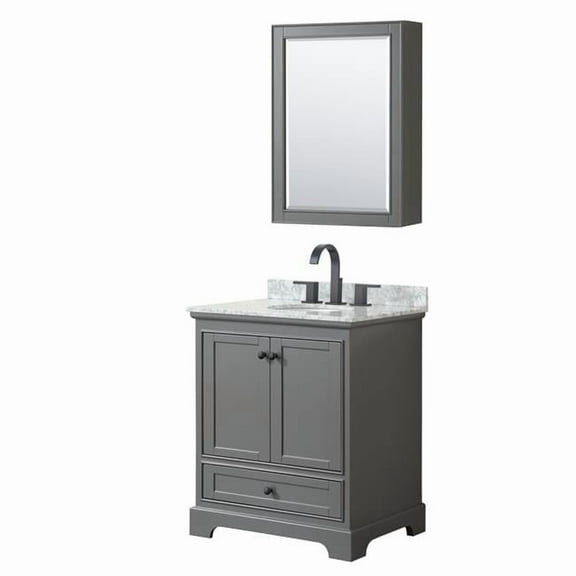 30 in. Deborah Single Bathroom Vanity with White Carrara Marble Countertop, Undermount Oval Sink, Matte Black Trim & Medicine Cabinet - Dark Gray