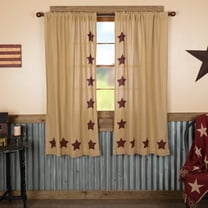 VHC Brands Burlap Natural with Burgundy Stars Primitive 63"x36" Panel Pair Tan Rod Pocket Stenciled Cotton Tie Back(s) Window Curtains