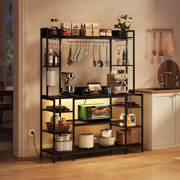 Vividwood Large Bakers Rack with LED Lights & Power Outlet, 55" Wide Microwave Stand with Storage Shelves, 6-Tier Kitchen Racks and Shelves