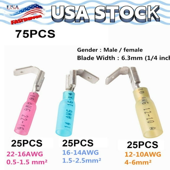 75pcs 3 Way Wire Connectors Heat Shrink Piggyback Spade Terminals 22-10AWG