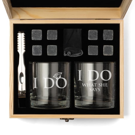 Whiskey Glass Gift Box Set with Whiskey Stones and 2 Rocks Glasses I DO I DO What She Says Bride and Groom Wedding Anniversary Engagement
