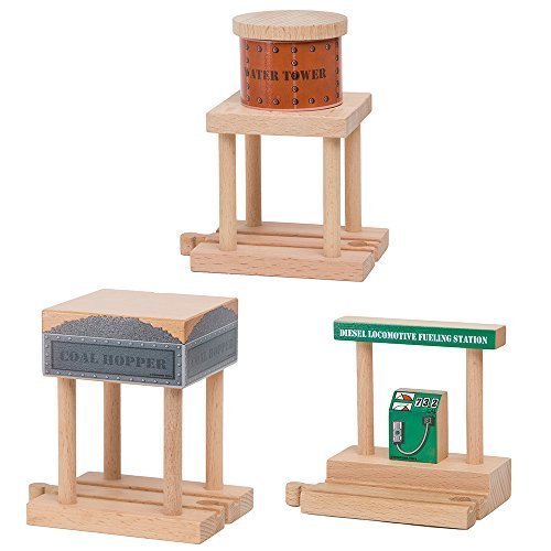 Set de Accesorios para Tren de Madera Orbrium – Torre de Agua, Tolva de Carbón y Estación de Diésel