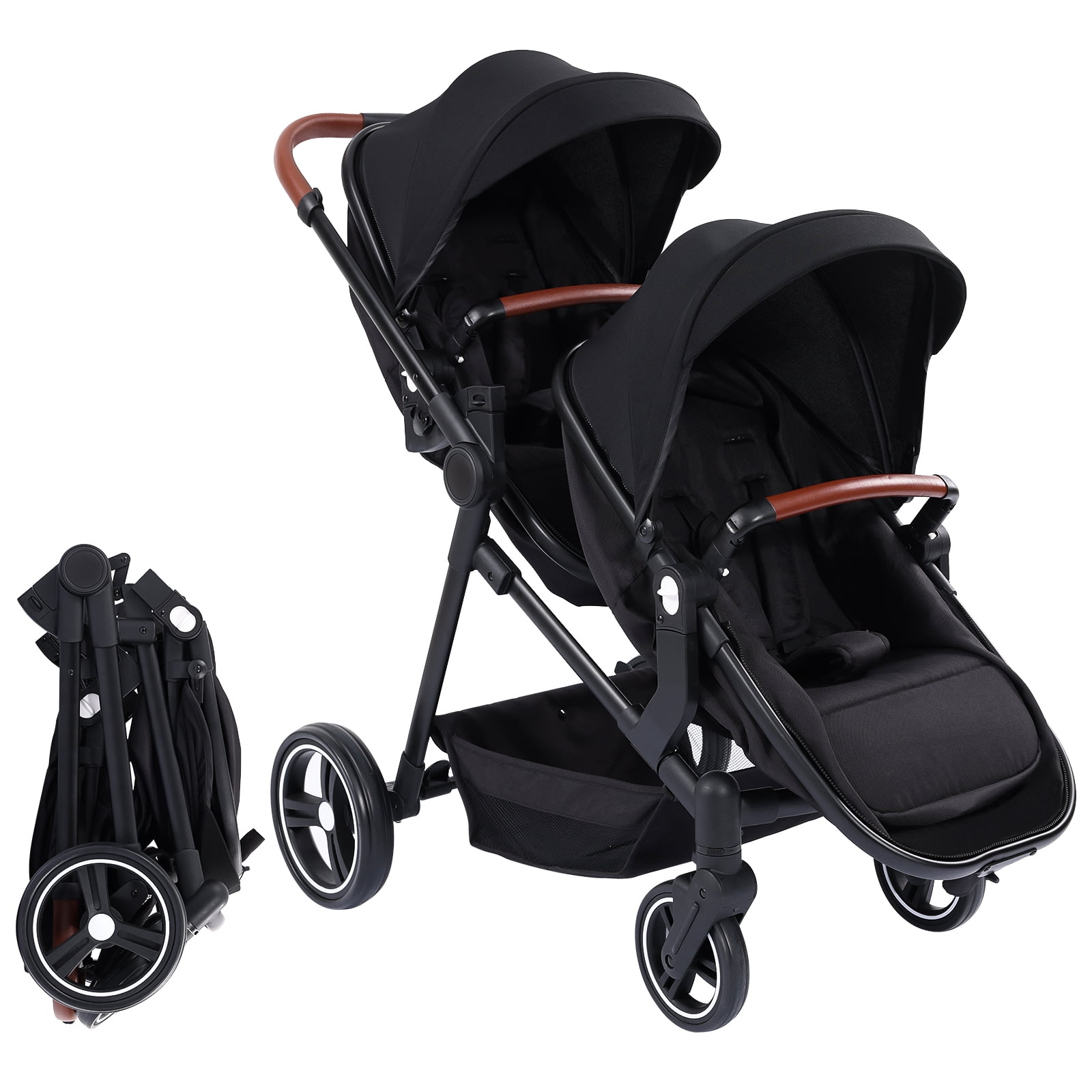 Cochecito gemelar en tándem plegable con asiento reversible, respaldo ajustable, capota extensible, arnés de 5 puntos y amplia cesta de almacenamiento, color negro