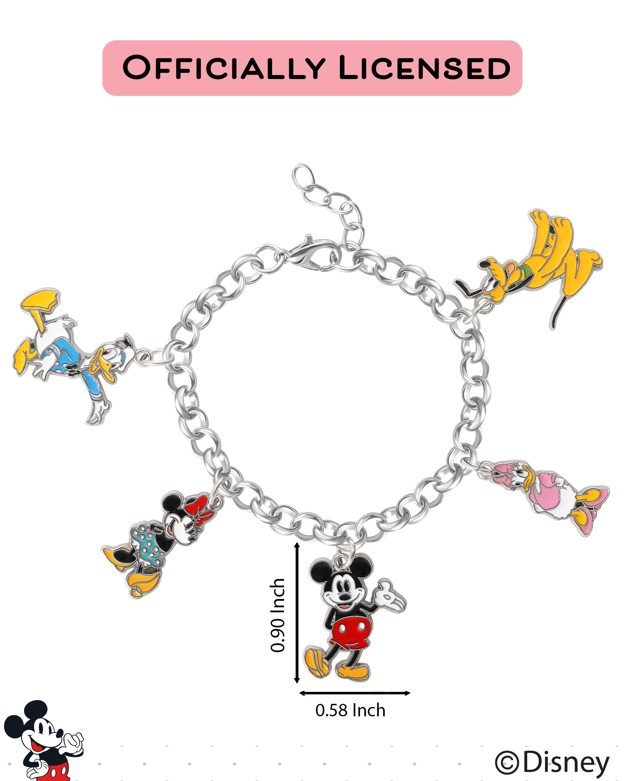 Mickey Mouse and Friends Charm Bracelet Official License, 6.75+1" Disney Charm Bracelet for Women