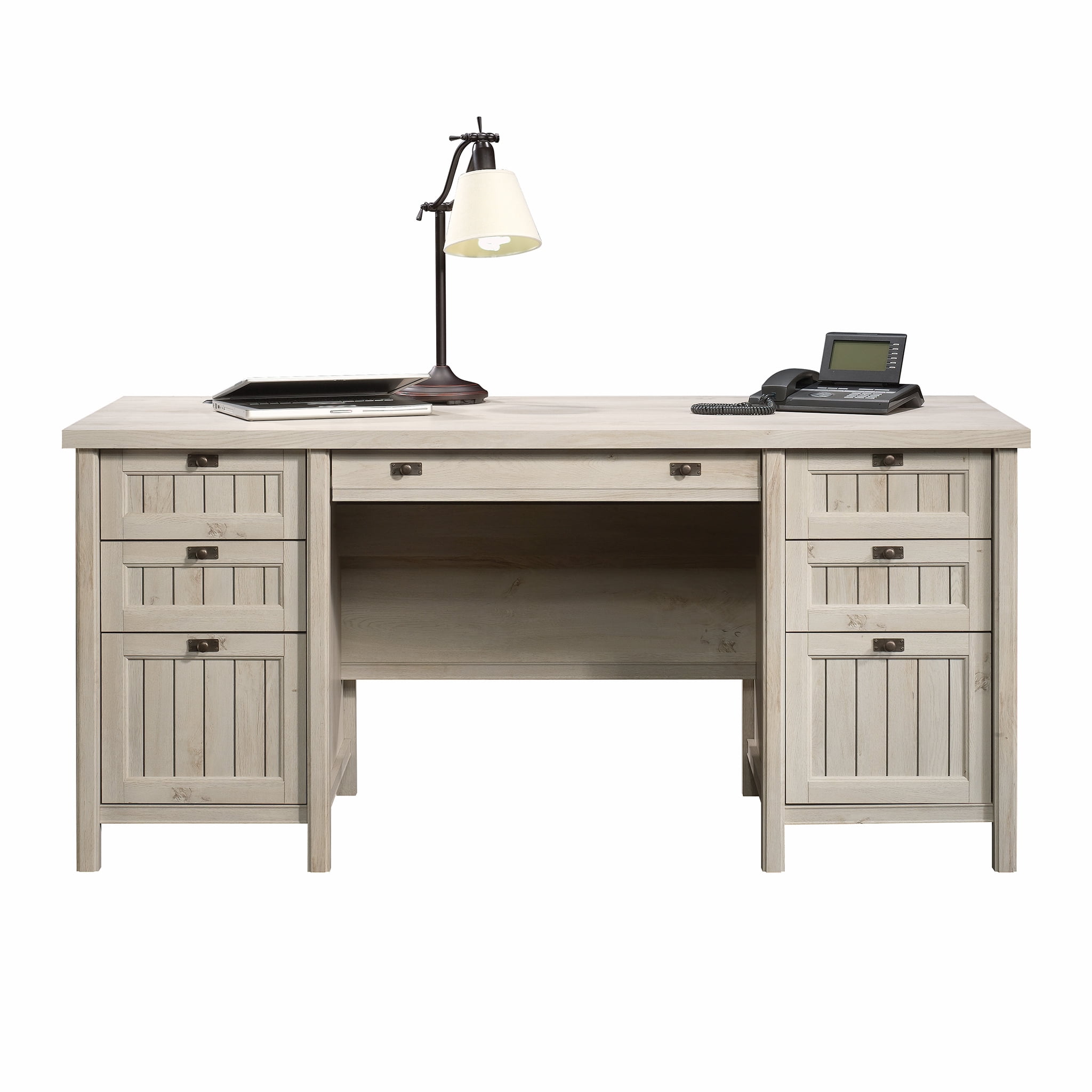 sauder costa l shaped computer desk in chalked chestnut