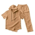 thumbnail image 4 of Kakii Men's Beach Hoodie Set, Light Taupe Short Sleeve Hooded Shirt & Drawstring Pants, Linen Blend Casual Lounge Outfit for Vacation, 4 of 9