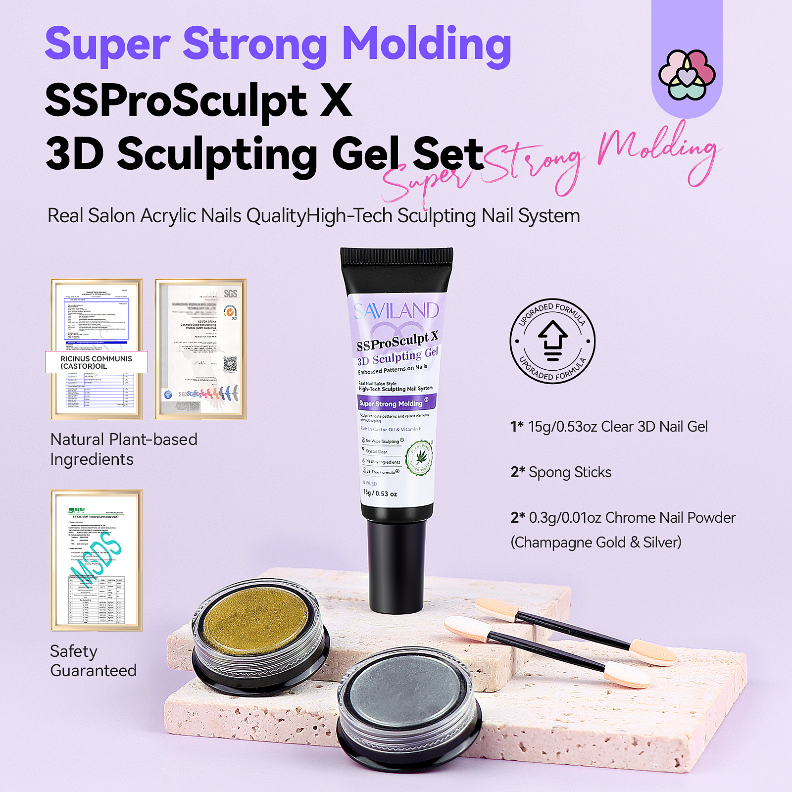 SAVILAND 3D Sculpting Gel and Chrome Nail Powder Kit: 15g No Wipe Clear 3D Nail Gel for Nail Art, 3D Carving Nail Molding Gel & Metallic Chrome Powder Set for Gel Nail Art Decoration Manicure