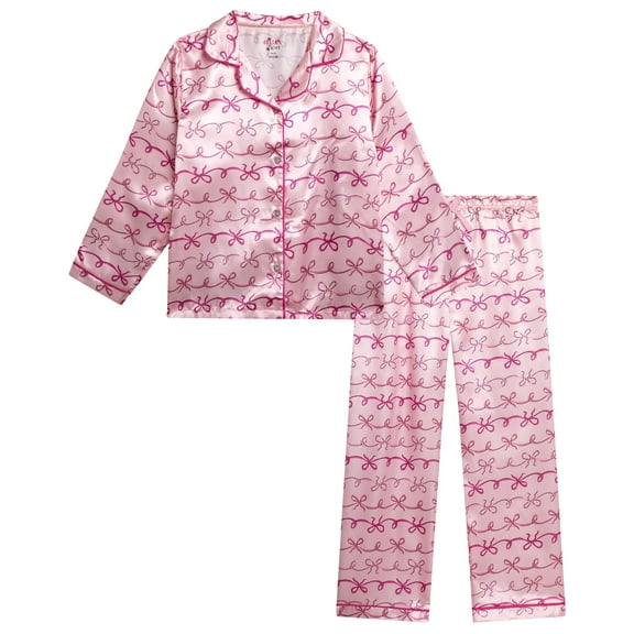 dELiA*s Girls Pajamas - 2 Piece Collared Button Down Long Sleeve Satin Pajamas and Pants Set (7-12)