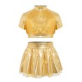 thumbnail image 3 of Aiihoo Kids Girls Jazz Dance Performance Outfit Mock Neck Short Sleeve Sequins Metallic Shirt Crop Top with Shiny Tutu Skirt Streetwear Gold 6, 3 of 6