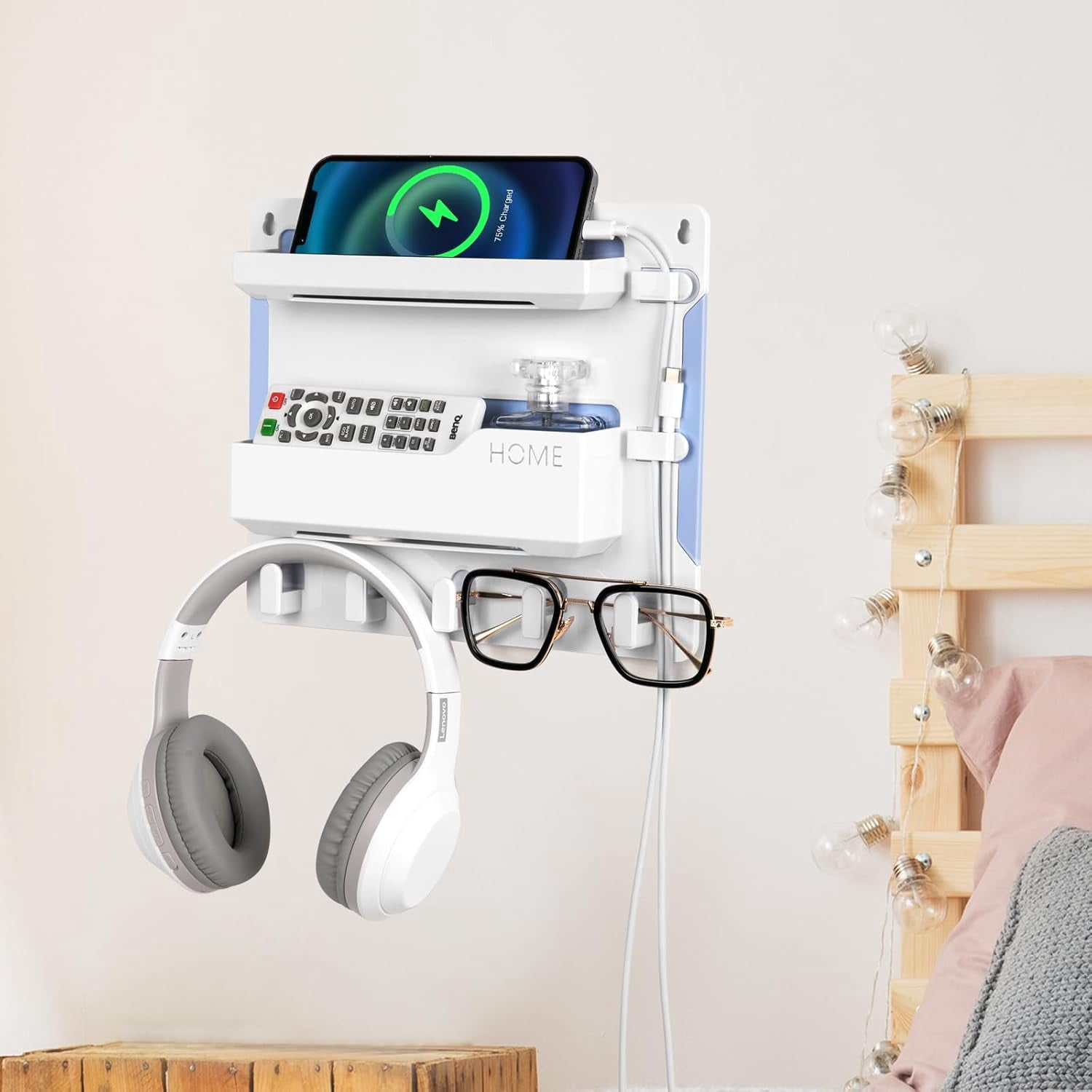Bedside Wall Mount Shelf, Adhesive Bedside Organizer for Remote、Phone、Glasses. Bedside Accessories Storage suitable for College Dorm 、bunk bed 、 Bedroom、Rv（Black）