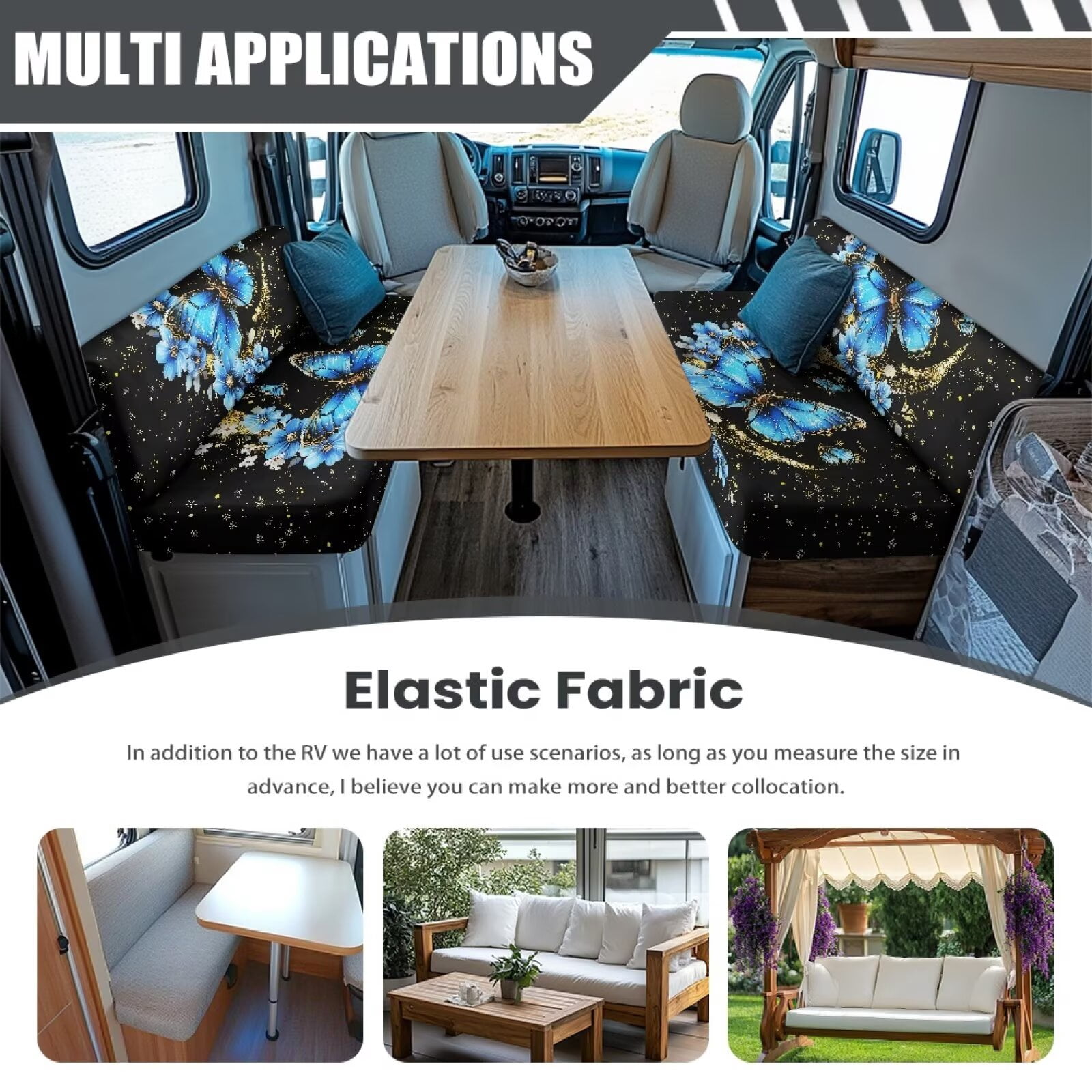 XYZCANDO Butterfly Moon RV Dinette Cushions Stretchable Camper Accessories Universal Bench Seat Cover Stylish Camper Decor Couch Cover 2 Cushion Sofa 1 Backrest Cover and 1 Bench Cover Black