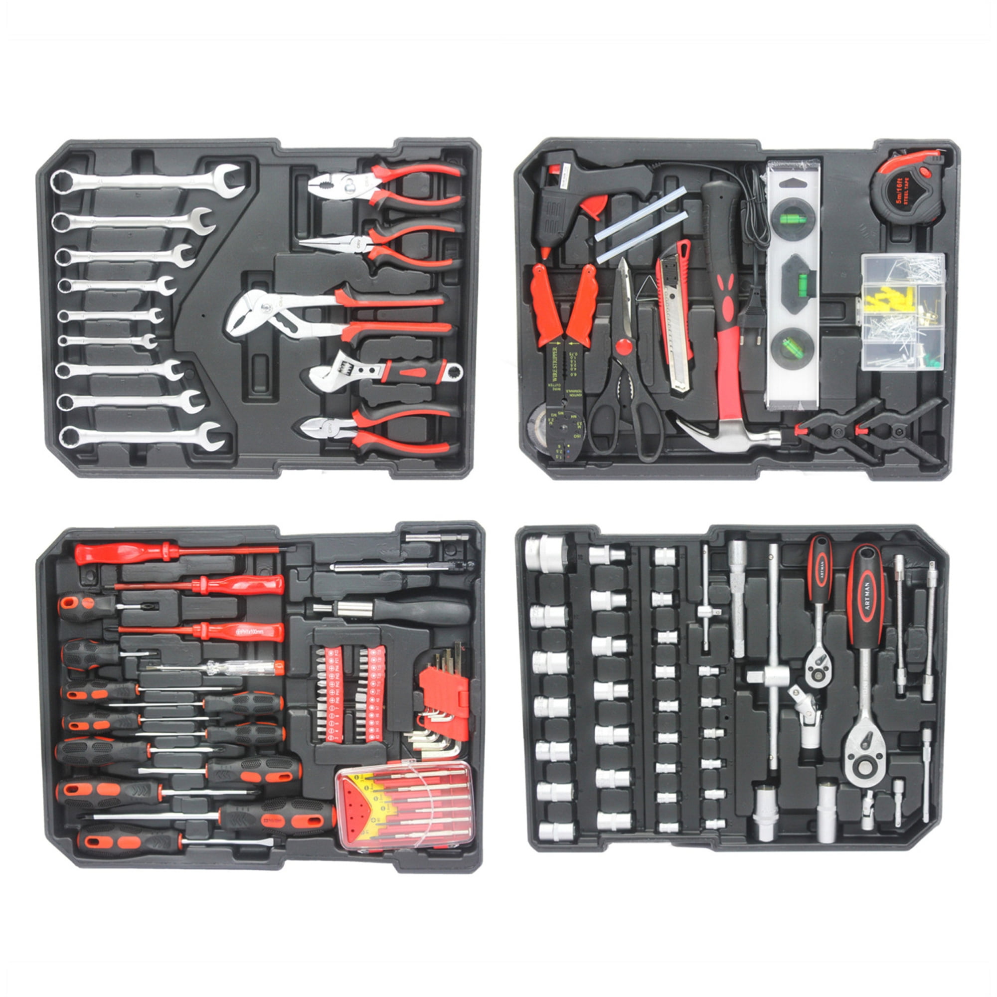 Aukfa 899 Pcs Tool Set, 4 Drawers Household Tool Kit with Rolling Tool Box for Home Auto Repair, Silver