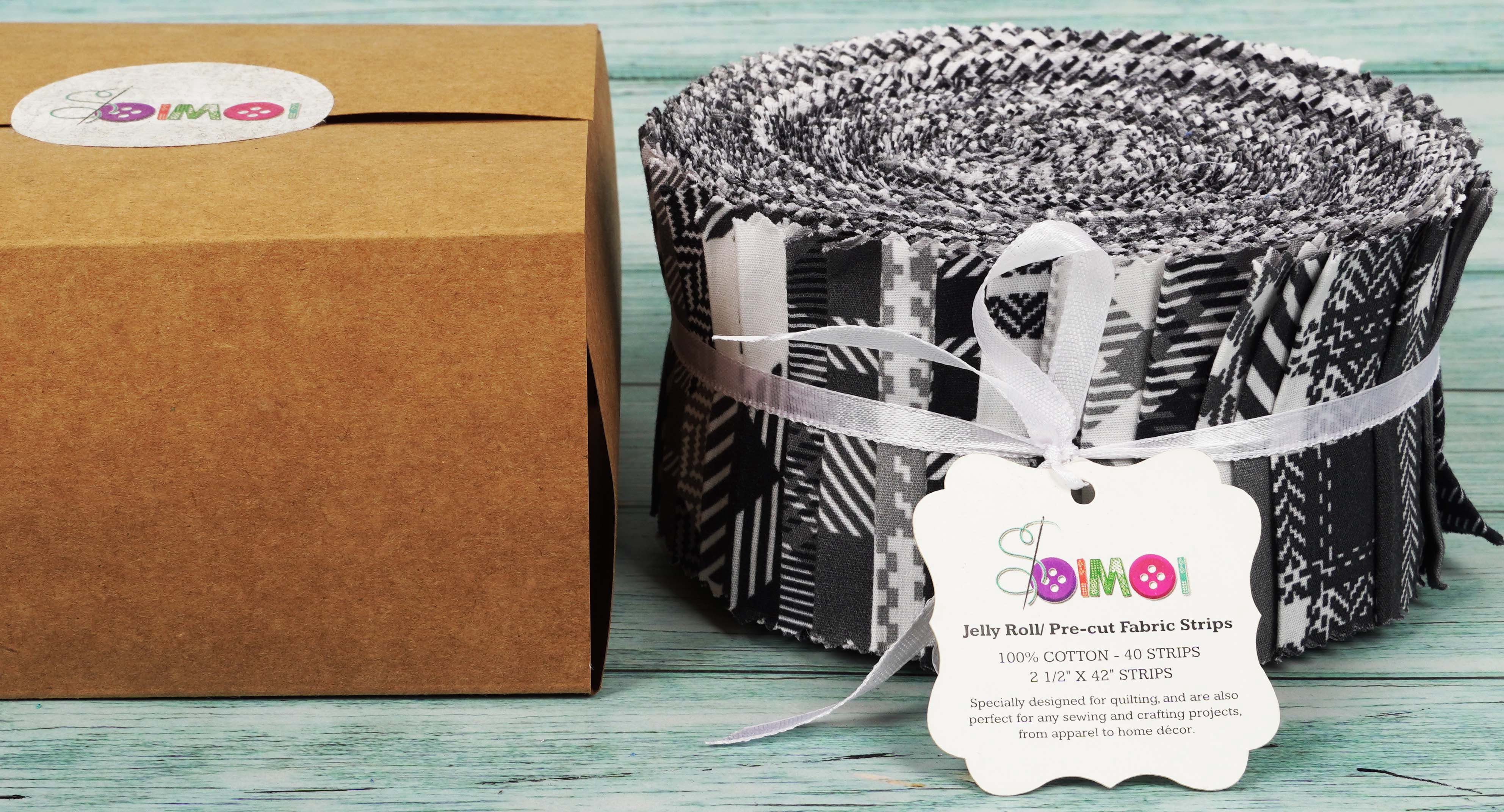 Soimoi 40Pcs Check & Tartan Print Cotton Precut Fabrics For Quilting Craft Strips 2.5x42inches Jelly Roll - White & Black