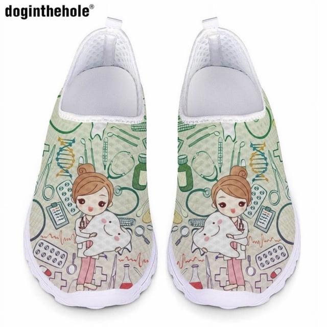 Doginthehole - Zapatos planos informales con diseño de enfermera y dibujos animados de colores degradados para mujer, mocasines de malla transpirables de verano, cómodos zapatos de enfermera