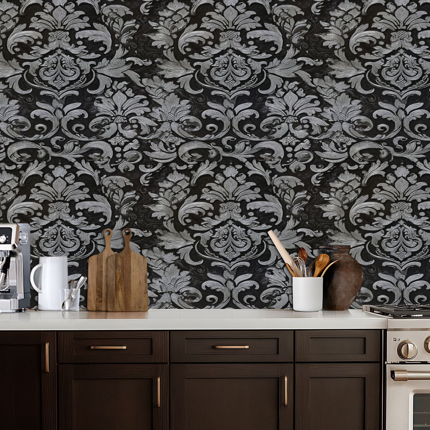 Vintage Peel and Stick Wallpaper 17.7in x 9.8ft Elegant Black Silver Damask Floral Embellishments Contact Paper Vinyl Waterproof Self Adhesive Wall Paper for Bedroom Shelf Cabinet