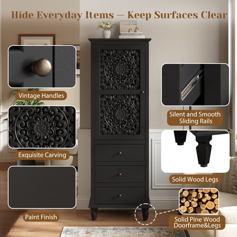 Vintage Storage Cabinet with Carved Door & 3 Drawers, Freestanding Decorative Sideboard, Display Cabinet with Adjustable Shelf