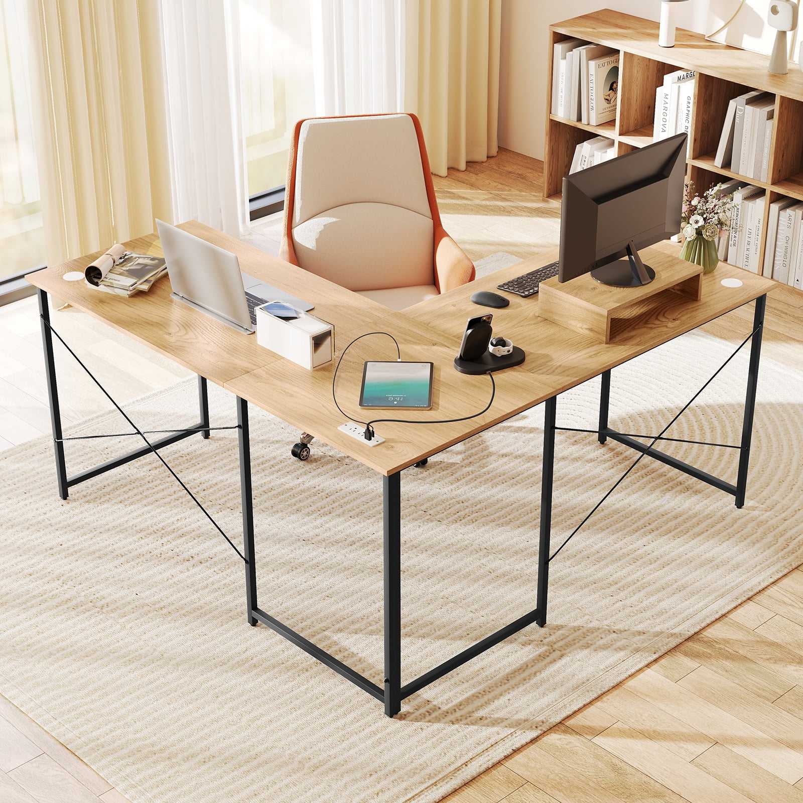 Gymax L-Shaped Reversible Computer Desk 2-Person Long Table w/Monitor Stand Natural