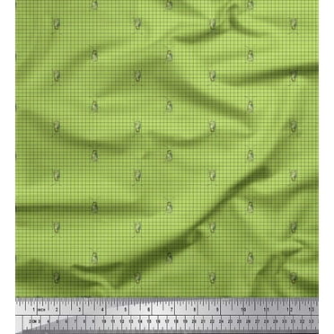 Soimoi Green Cotton Duck Fabric Check & Insect Print Fabric by Yard 42 Inch Wide