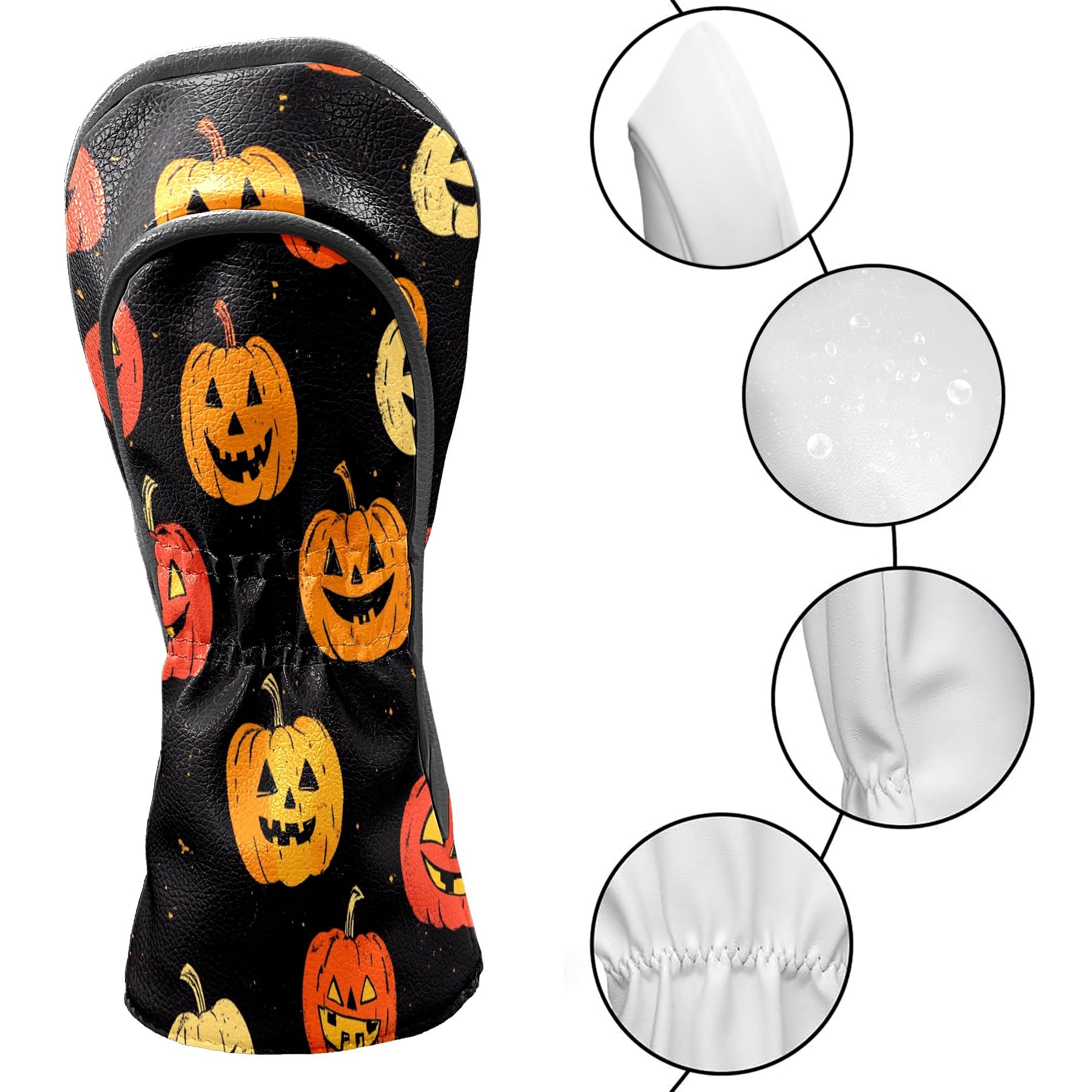 Golf Club Covers PU Leather Waterproof Head Covers for Fairway Woods Hybrids Halloween Pumpkin Pattern Unisex Fits Most Brands