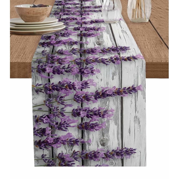 Spring Lavender Floral Table Runner 70 Inches, Watercolor Purple Flower Wood Grain Bed Runner Dresser Scarves Tabletop for Indoor Outdoor Parties/Ceremony/Banquet, 13" x 70"