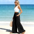 thumbnail image 4 of Lumtrix Palazzo Pants For Women Cotton Linen Casual Smocked High Waisted Flowy Baggy Ruffle Slacks Summer Beach Trousers With Pockets Black XL, 4 of 5