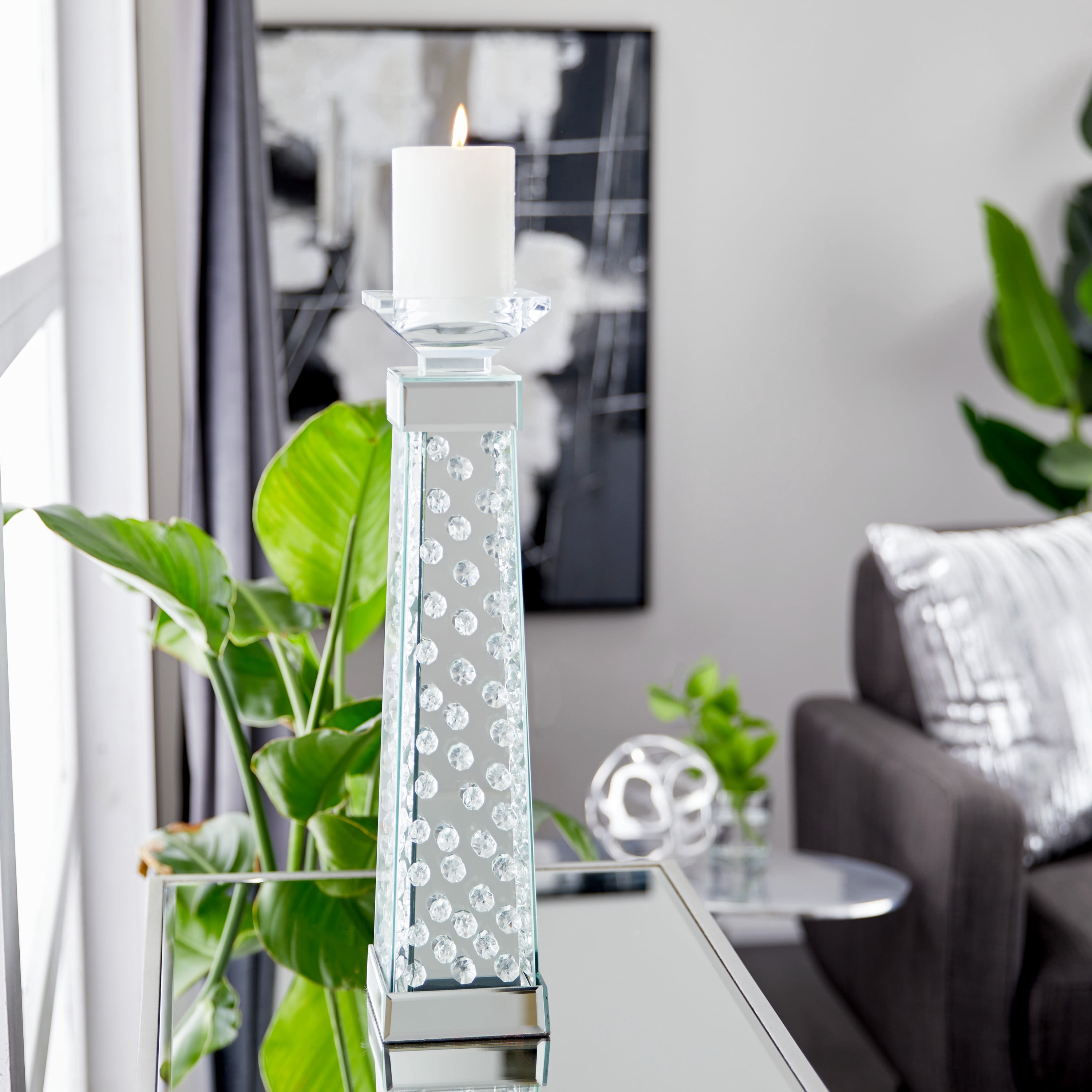 DecMode Silver Glass Pillar Candle Holder with Mirrored Accents and Crystals
