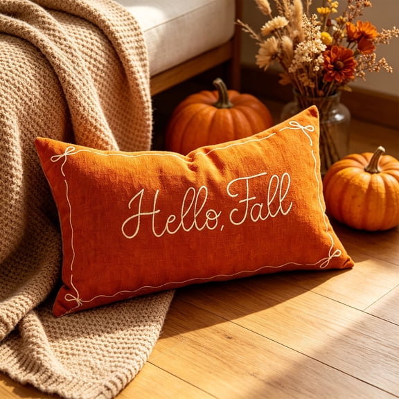 Warm Fall Embroidered Cushion Cover - Bestselling Autumn Pillow Case Featuring Maple Leaves & Pumpkins - Cozy Thanksgiving Home Accent