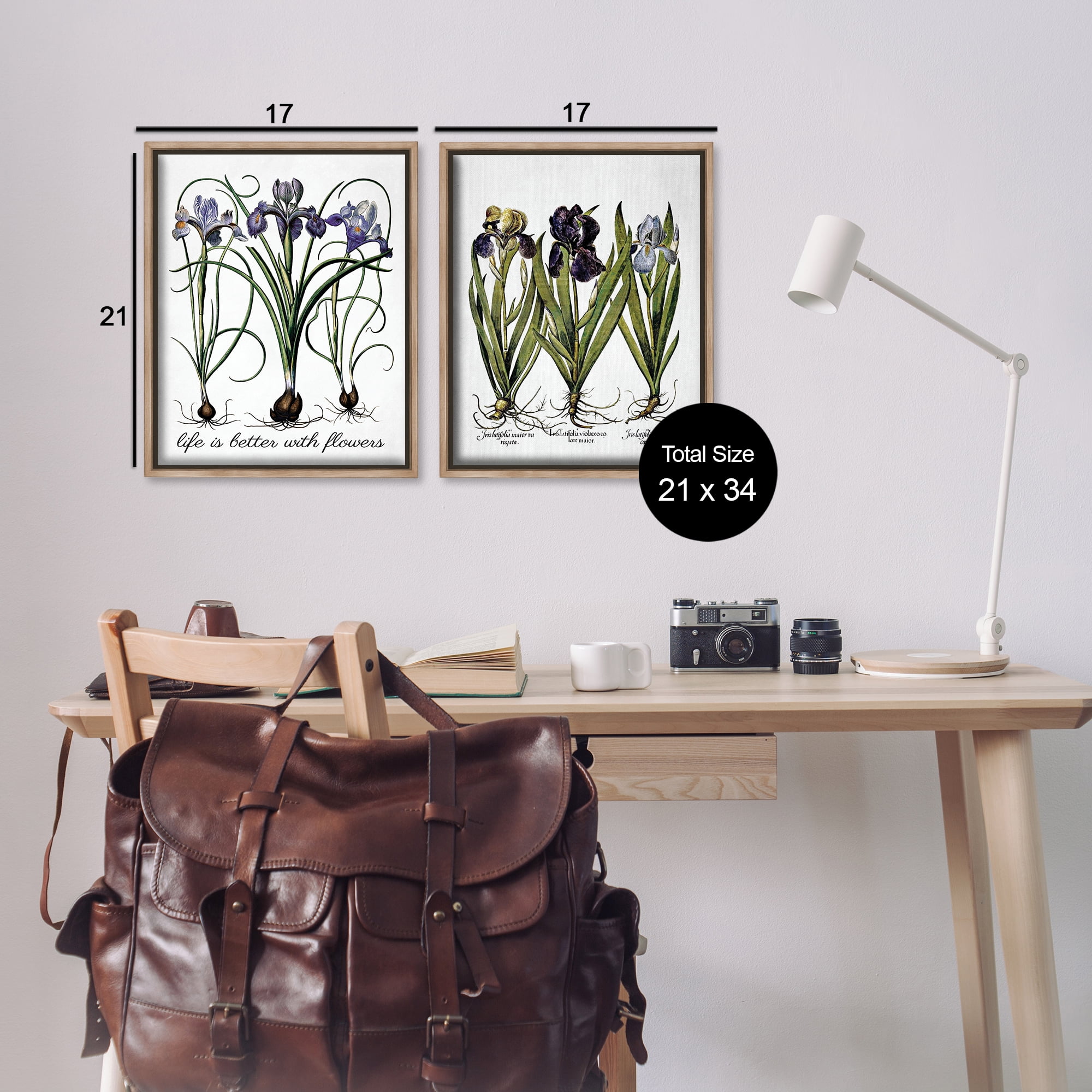 Stupell Industries Better with Flowers Iris Bulb Plants & Flowers Painting Brown Floater Framed Canvas Art Print Wall Art, 17 x 21, Set of 2