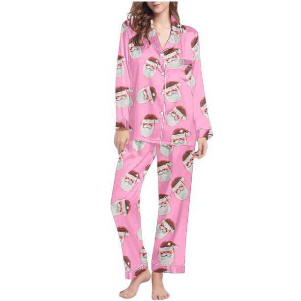Puntoco Pijamas para mujer, moda informal para mujer, conjunto de pijama con solapa de manga larga y estampado navideño, conjunto de pijama informal con pantalón superior