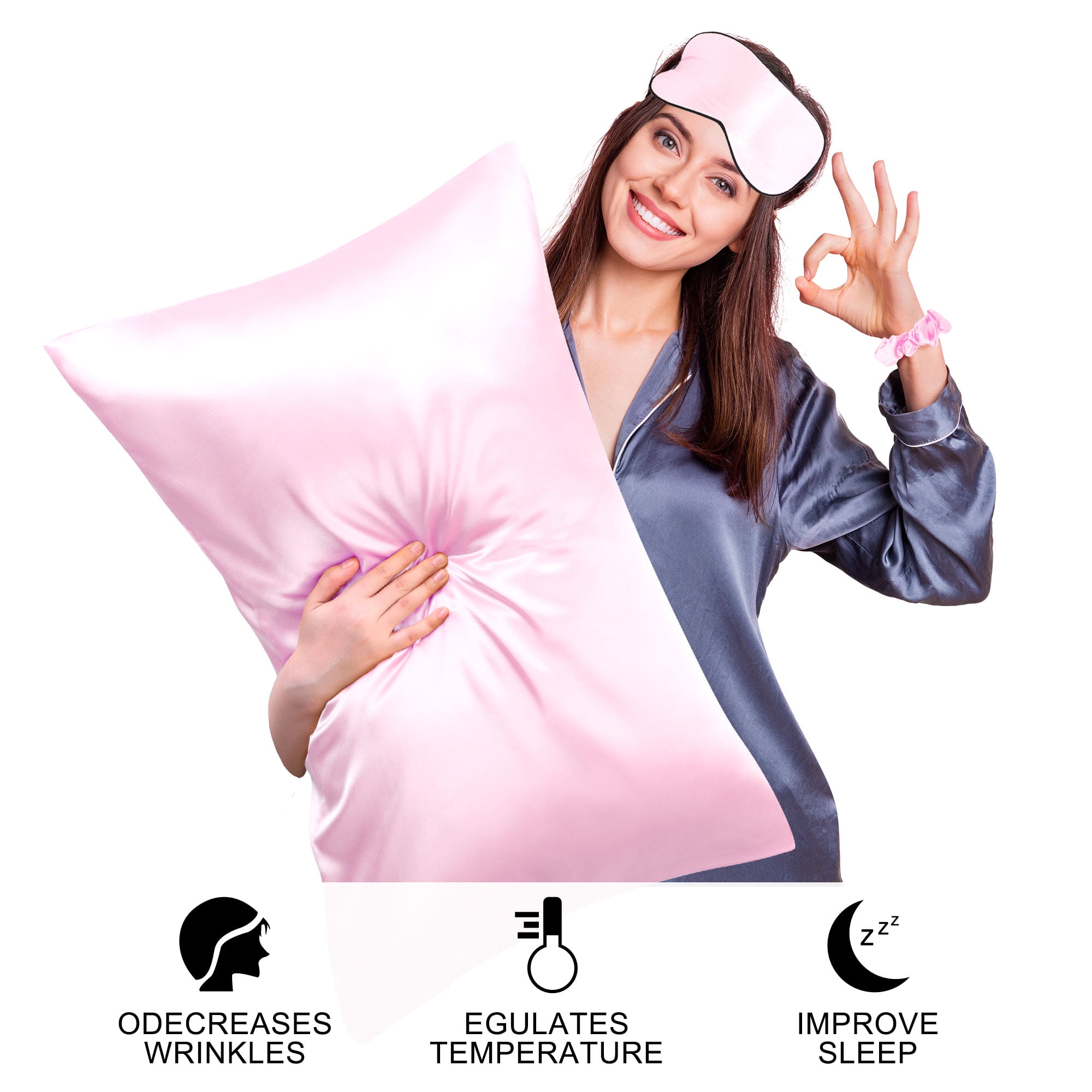 Unique Bargains Durable Soft Zippered Closure Set of 2 Satin Pillowcase Pink King(20"x36"）