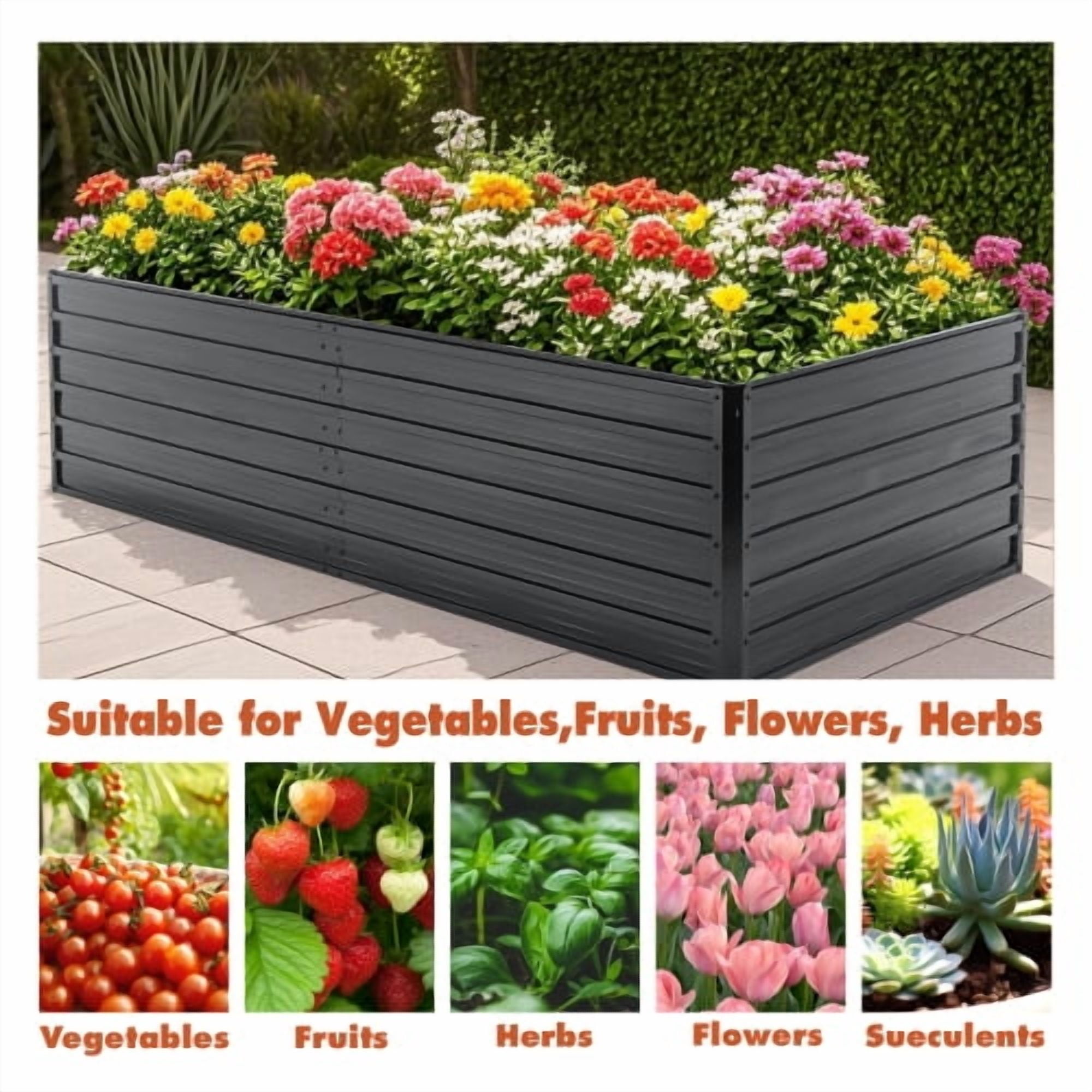 8x4x2 FT Metal Raised Garden Bed Outdoor Galvanized Raised Garden Bed Kit,Vegetable Boxes-Rectangle Metal Flower Box,Large Planter Raised Beds Outdoor Garden for Planting,Fruit,Herb-Black