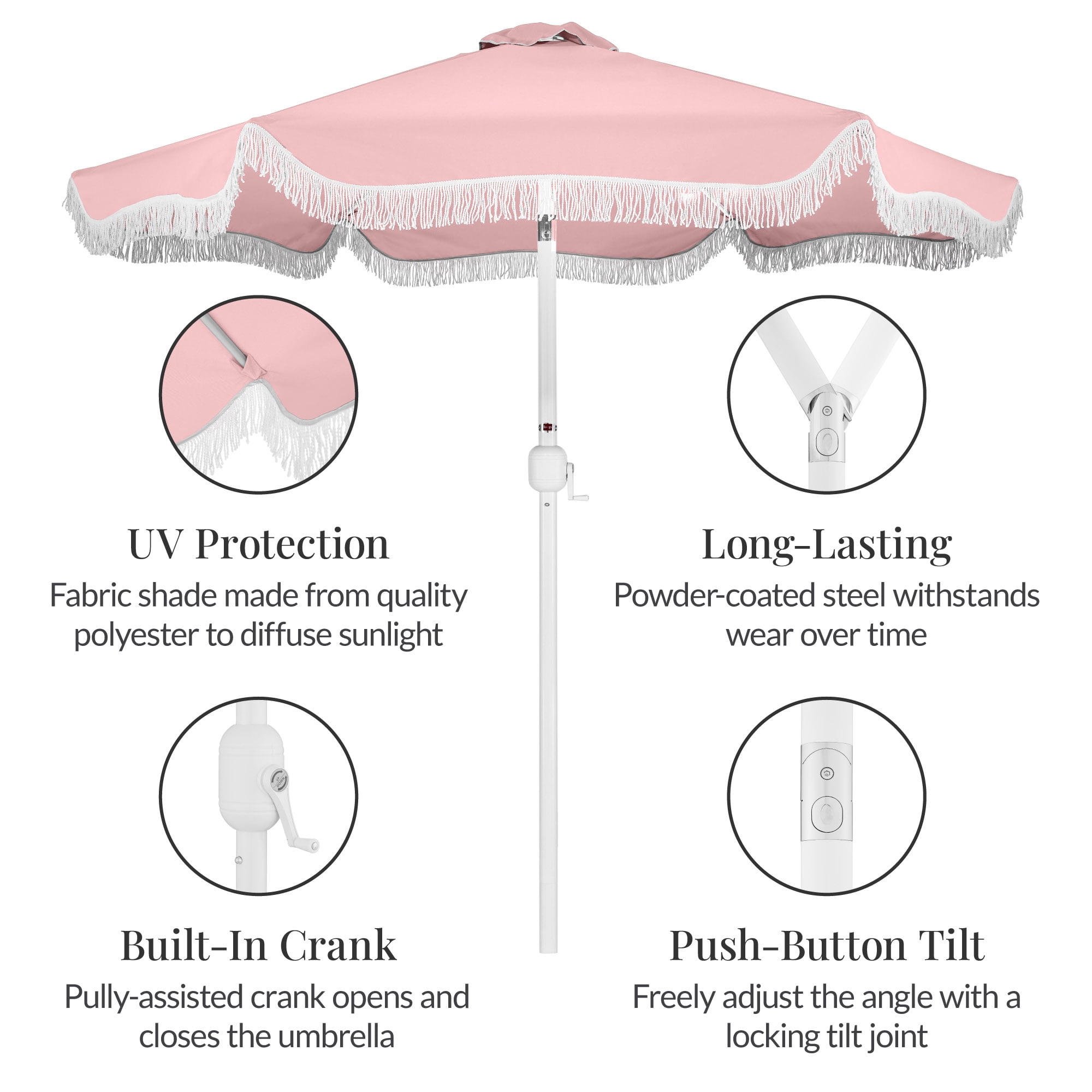 Best Choice Products 9ft Fringe Market Umbrella  Boho Patio Sunshade w/ Tilt, UPF50+ - Pink