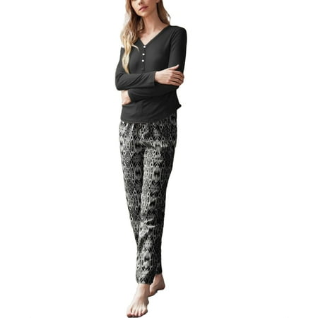 

Casual V neck Pant Sets Long Sleeve Black and White Womens Pajama Sets (Women s)