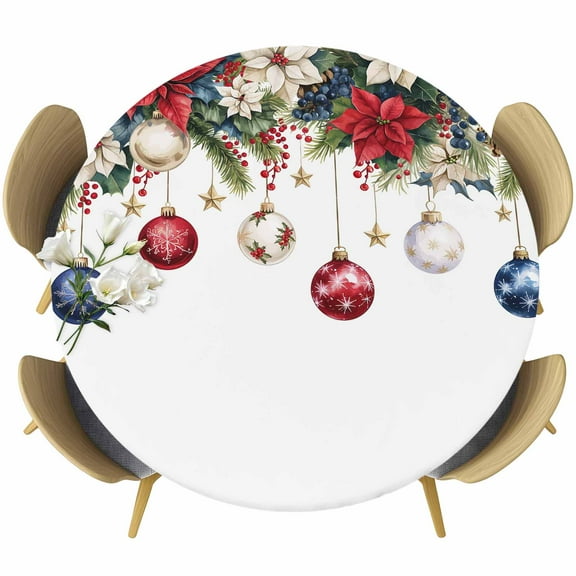 Blue Red Christmas Balls Round Tablecloth 55-60 Inch Round Fitted Table Cloth with Elastic Edge, Snowflake Xmas Botanical Berry Waterproof Table Cover Protector for Outdoor Picnic Party Dining