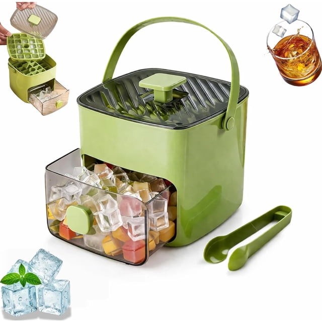 48 Cube Ice Maker with Easy Press Lid, Double Layer Portable Ice Maker with Lid and Storage Box, Press-Release Ice Mold Container for Freezer Whiskey, Cocktail, Beer (Green)