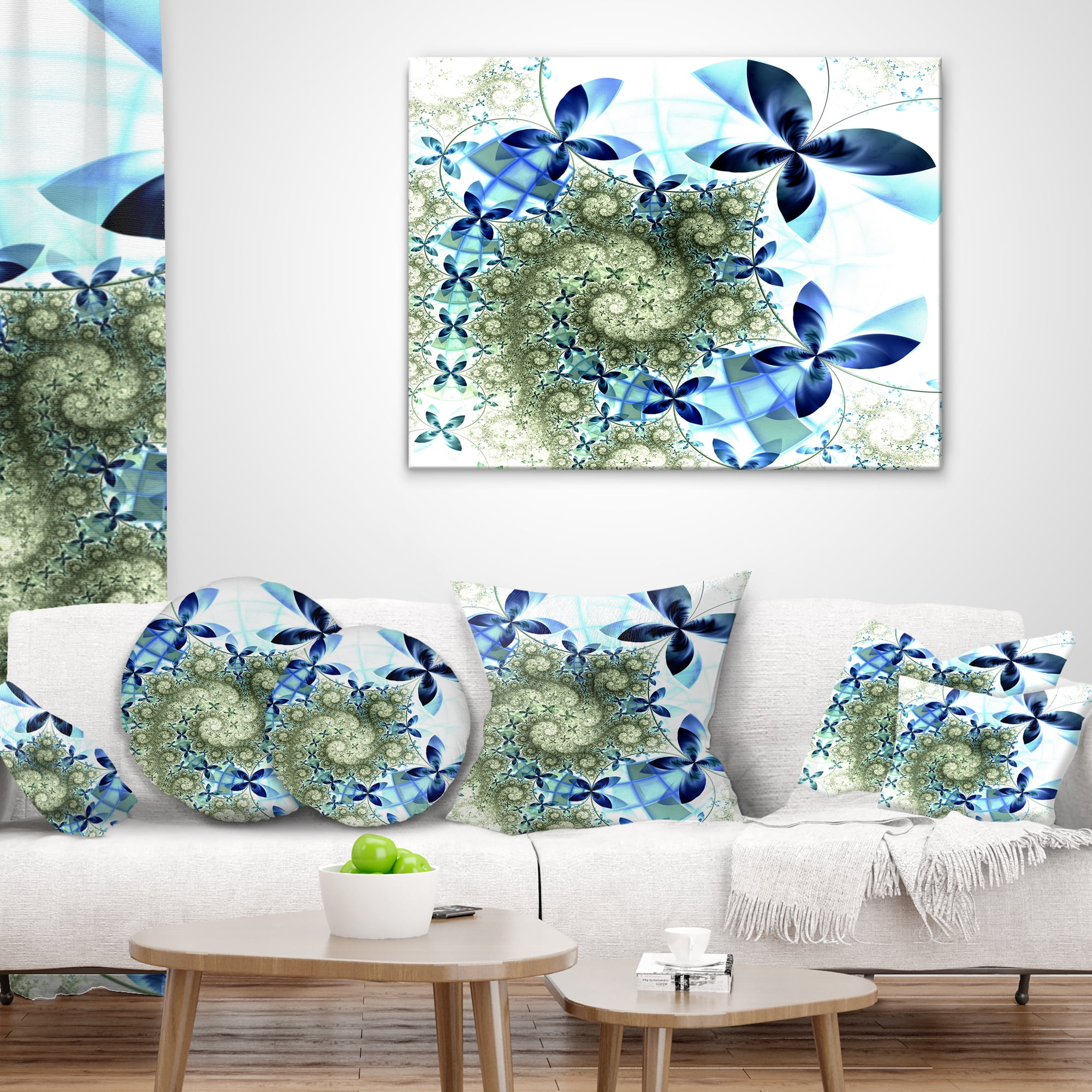 Designart Blue and Green Fractal Flowers - Floral Throw Pillow - 18x18