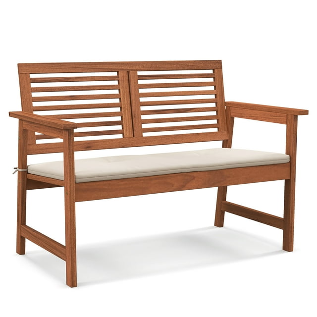 Gymax Outdoor Bench with Cushion 2-Person Patio Bench w/Slatted Back & Seat Garden Backyard Balcony