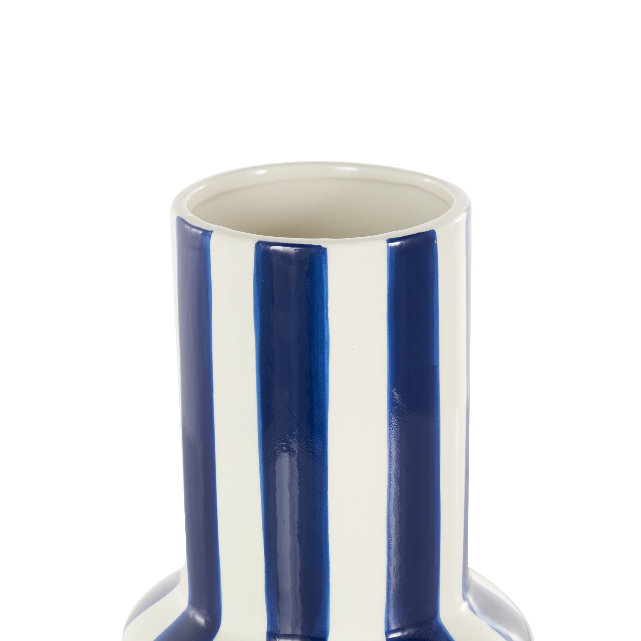 DecMode 11" Round Blue Ceramic Vase with White Vertical Stripes