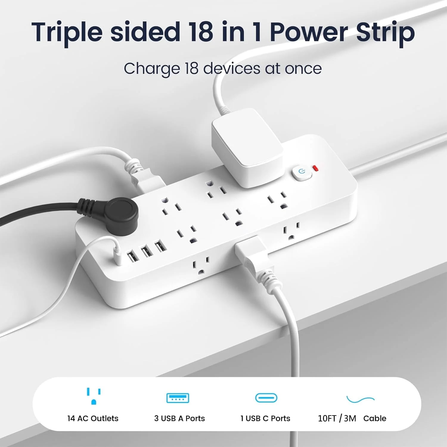 BEISHINK Power Board Surge Protector, Flat Plug Extension Cord of 5 Feet, with 14 Sockets and 4 USB Chargers, 1875J Multi-Plug Board, Suitable for Home, Office, University Dormitory Rooms, White