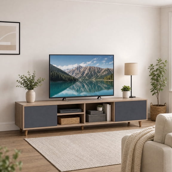 Modern TV Stand for TVs up to 65'' with 2 Doors& Open Shelf, Mid Century Entertainment Center Media Console Table,Natural Gray