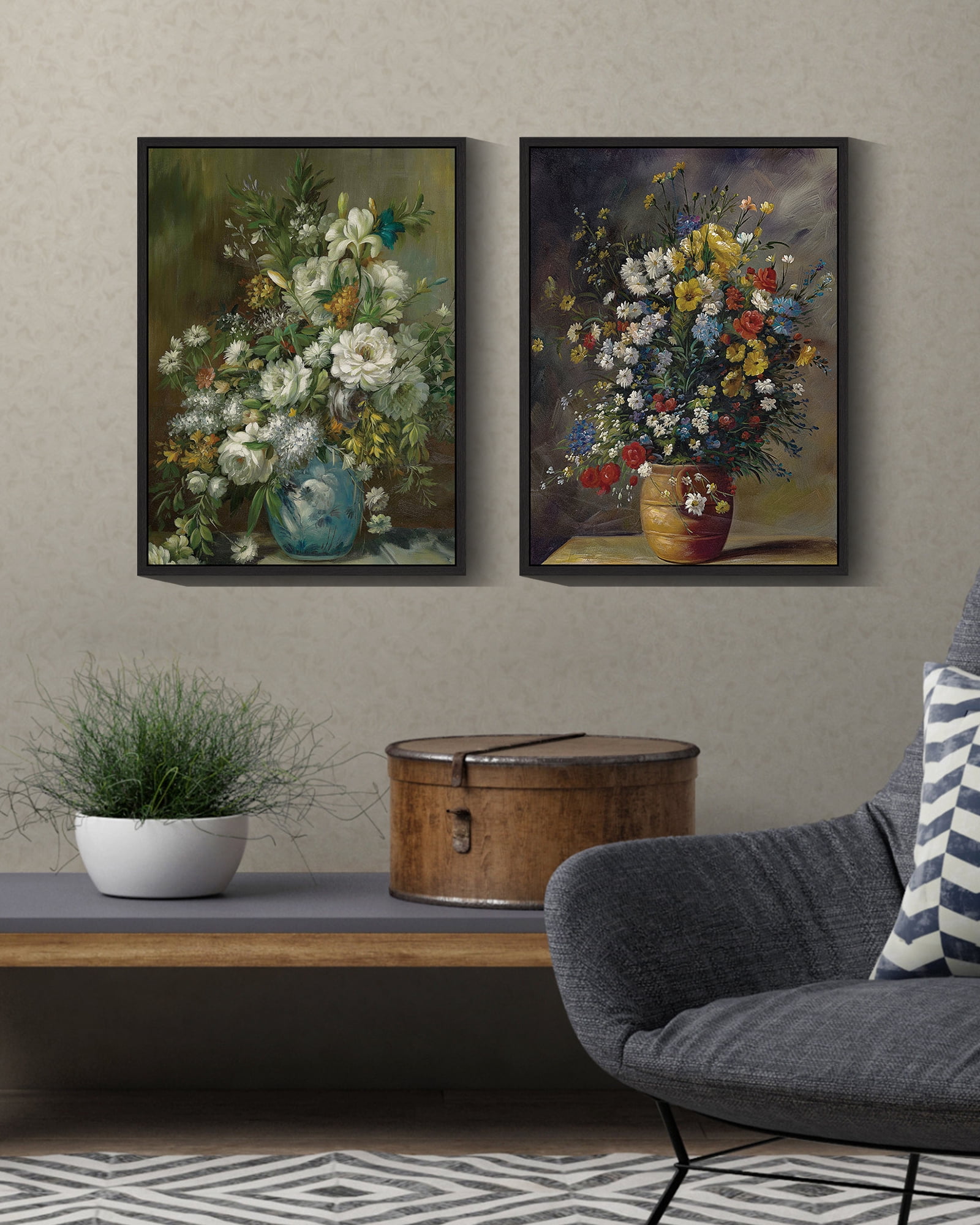 Vintage Flower Framed Wall Art 11x14in2pcs Framed Black Modern Farmhouse Kitchen Bathroom Office Decor Retro Floral Classic Wall Prints