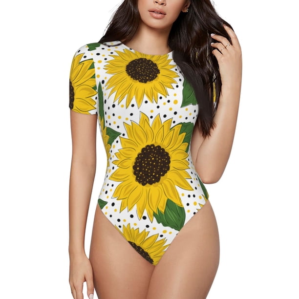 Balery Sunflowers Body de cuello redondo de manga corta para mujer Tops de manga corta Tops básicos-Large