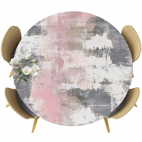 Pink Grey Abstract Round Tablecloth 36-44 Inch Round Fitted Table Cloth with Elastic Edge, Modern Minimalist Smear Art Waterproof Table Cover Protector for Outdoor Picnic Party Dining