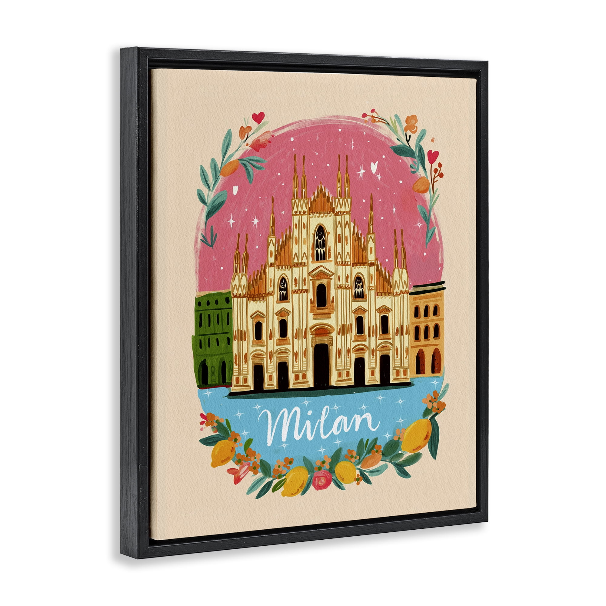Floral Bordered Milan Black Framed Floater Canvas Wall Art, design by Yen
